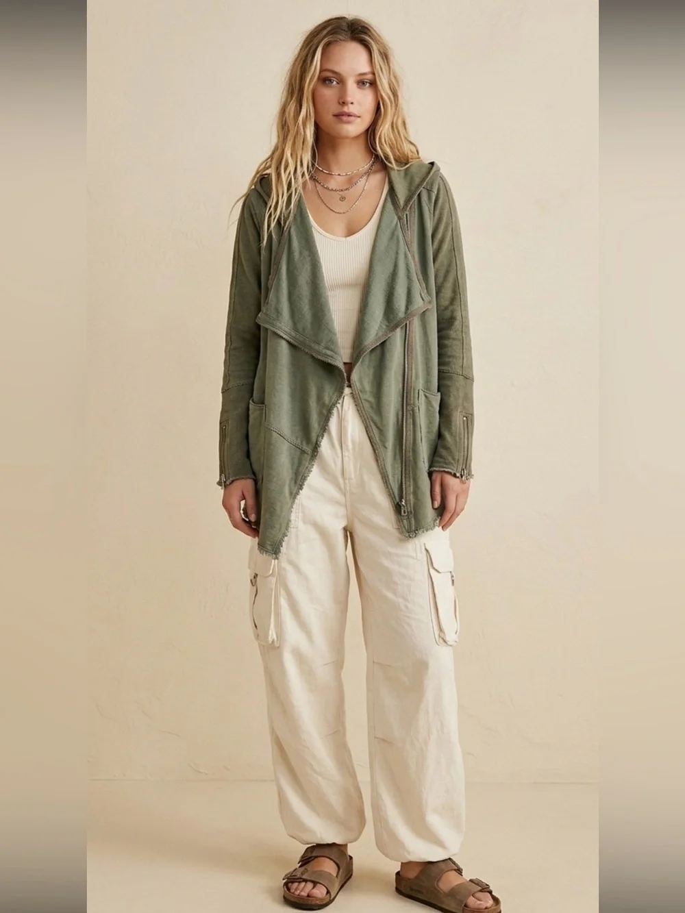 Free People Hooded Snap Draped Cardigan Jacket Size M Linen French Terry Mix - Picture 8 of 15